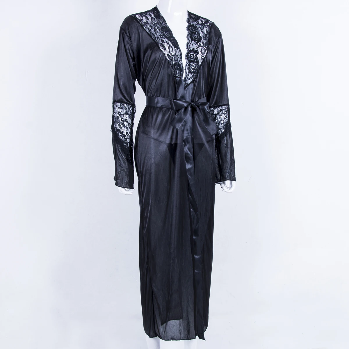 Сексуальное женское тонкое Дамское белье атласное шелковое кружевное Лоскутное Платье Халаты стринги длинное Белье для сна кимоно халат с поясом