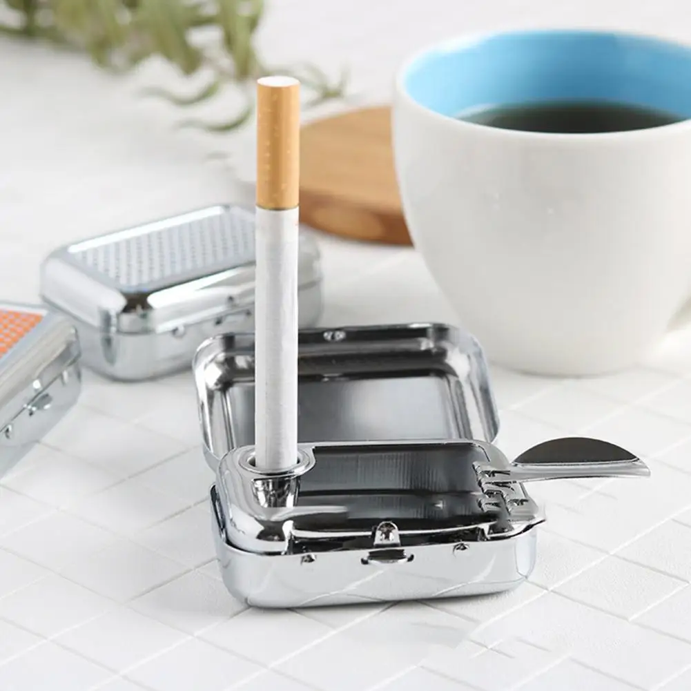 Square Metal Ashtray Holder with Lockable Lid Portable Desktop Smoking Tobacco Ash Storage Case