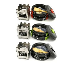 Portable Camping Wood Stove Set Frying Pan Cooking Pot Bowl Soup Spoon Stainless Steel Folding Fork and Spoon Camping Tool