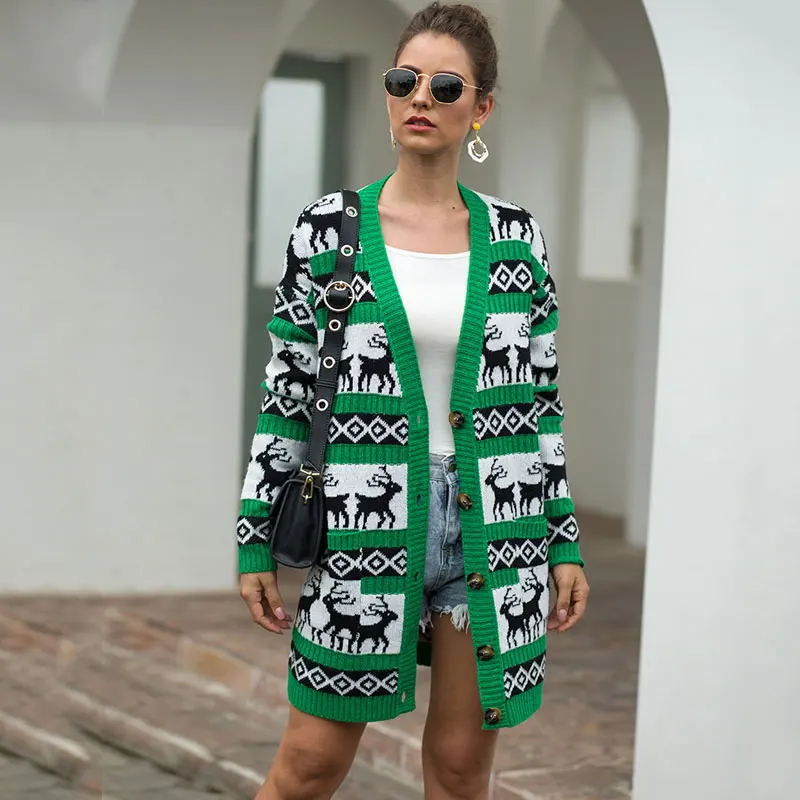 

Winter Christmas Sweater Women 2019 Autumn Warm Knitted Cardigans Ladies Thicken Cardigan Print New Year Long Sweaters Female