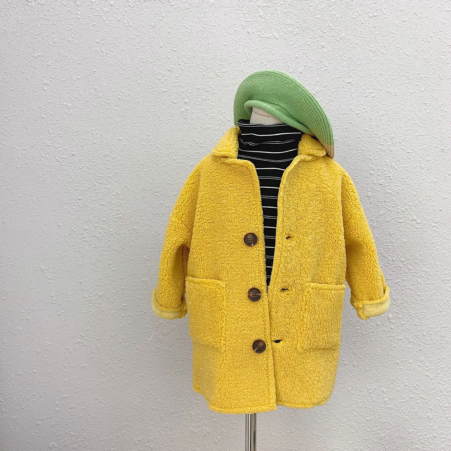 Winter fashion solid color berber Fleece long jackets for girls single-breasted casual coats 1-5Y