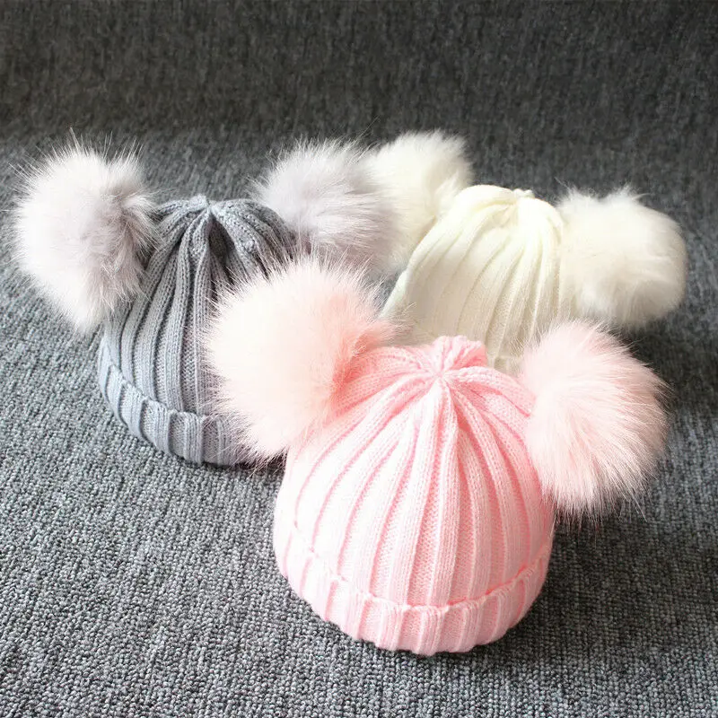 

2019 1-3 Years Newborn Baby Kid Boy Girl Winter Warm Knit Beanie Hat Fur Pom Crochet Hemming Cap Casual Kids Knitted Hats