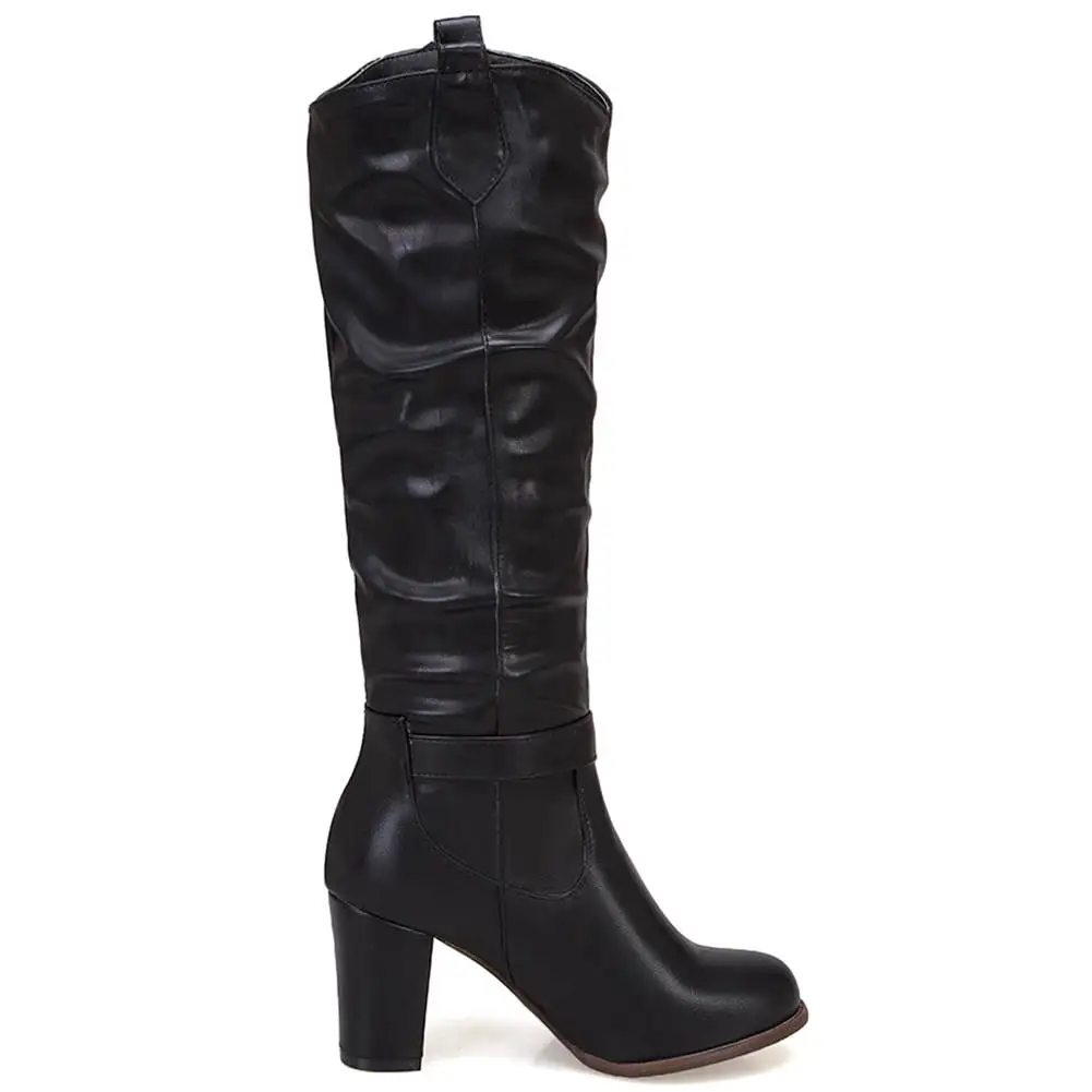SARAIRIS Plus Size 33-48 Brand New Mid Calf Boots Ladies High Heels Belt Buckle Shoes Woman Casual Party Winter Boots Women