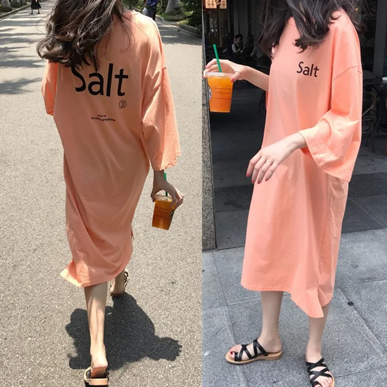 

Summer Short-sleeved Nightgown Women's Orange Round 3 Lettered Skirt M -Xxl