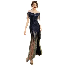 Вечернее платье с кисточками, расшитое блестками, женские вечерние платья, короткий рукав, халат на молнии, De Soiree, круглый вырез, элегантные вечерние платья F060