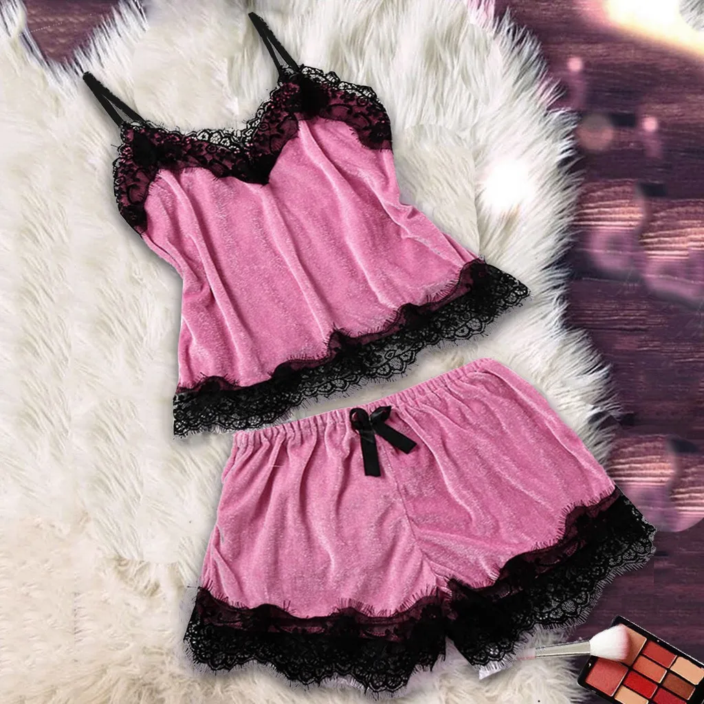 

Womens Pajamas Set Lace Velvet Women Pajamas Set Clothing Homewear Cute pajamas Sleepwear Sling And Shorts 2pcs Pajamas set