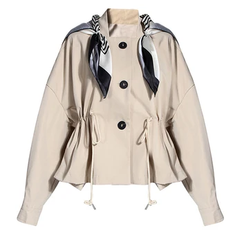 

Women Jacket Spring Autumn Drawstring High Waist Tunic Jacket Coat