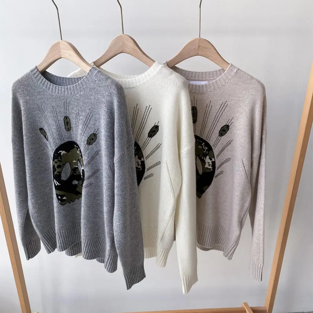 Women 100% Cashmere Sweater Beaded Chain Skull