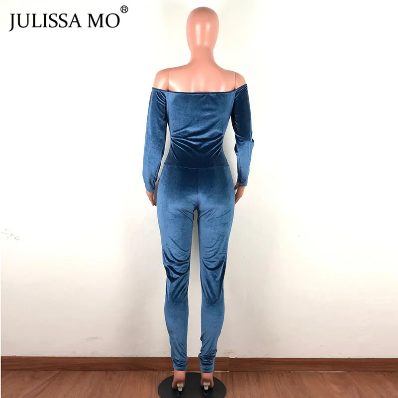 Julissa mo сексуальный Облегающий комбинезон с открытыми плечами женский фланелевый бандажный комбинезон с длинным рукавом Комбинезоны зимние элегантные на шнуровке комбинезон