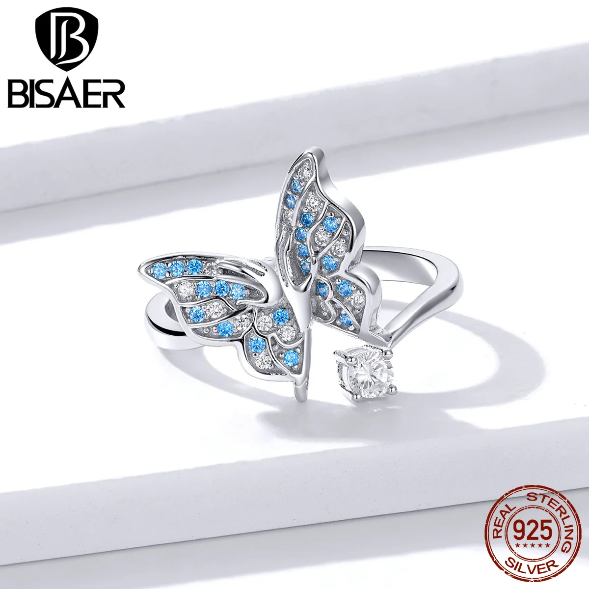 Кольца с бабочками BISAER, серебро 925, синий, ослепительный кубический, ажурные, с бабочкой, на палец, кольца для женщин, корейские серебряные ювелирные изделия EFR098