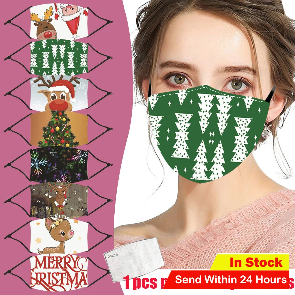 1PCS Adult Christmas Print Adjustable Washable Breathable Face Mask +1PC Filter Windproof Mouth-Muffle Elastic #2 | Аксессуары для