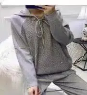 Grey hood Новинка зимы с круглым воротником и длинными рукавами для Для женщин костюм модные шерстяные теплые свитера с бриллиантами свободная кофта с круглым вырезом и Вязание из двух предметов Для женщин комплект из 2 частей - Цвет: Grey hood