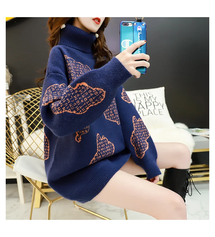 H. SA pull femme hiver, женская зимняя теплая водолазка, пуловер с рисунком карт, Повседневная вязаная одежда, фиолетовый свободный свитер, джемперы