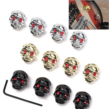 

4 Skull Head Electric Guitar Metal Volume Knob Cap Bass Volume Color Knob Potentiometer Cap with Wrench (Bubble Bag)