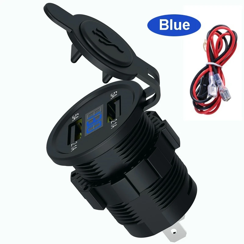 Синий Dual USB Charger Cigarette Lighter Socket Power Outlet 4.2A with Voltmeter& Wire in-line 10A Fuse for 12-24V Car Boat Motorcycle - Название цвета: Синий