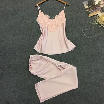 

Factory direct sales New Fashion Sexy V-Neck Lace Comfortable Set Pajamas Sleepwear Pink Lingerie Purchasing hot sale 2019