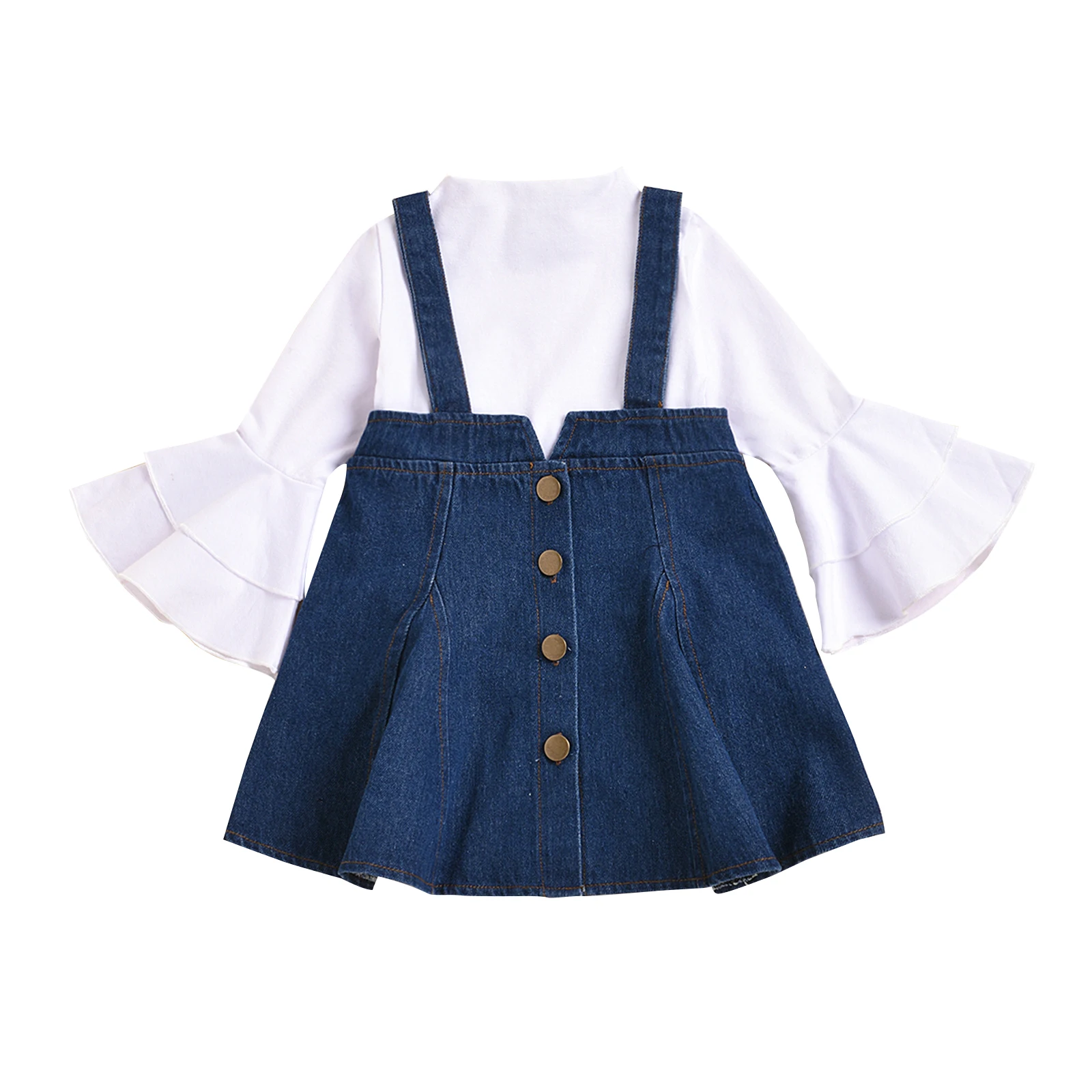

Spring Autumn 2 Pieces Kids Suit Set, Solid Color Round Neck Long Flare Sleeve Top+ Suspender Skirt, 2-8 Years