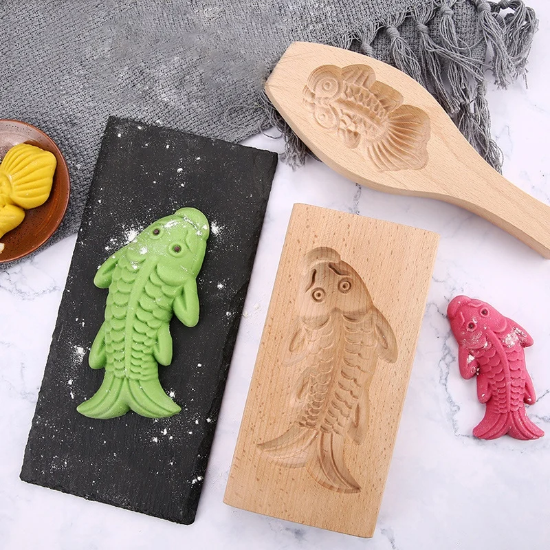Wooden Moon Cake Mold Fish Shaped Kitchen Biscuit Chocolate Candy Mold DIY Pastry Baking Mold For Home Kitchen Bakery