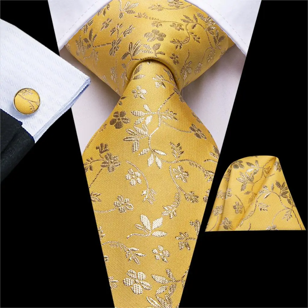 Привет-галстук Шелковый Для мужчин галстук комплект Цветочный Желтый золотистые галстуки и платки набор запонок Для мужчин; Свадебный