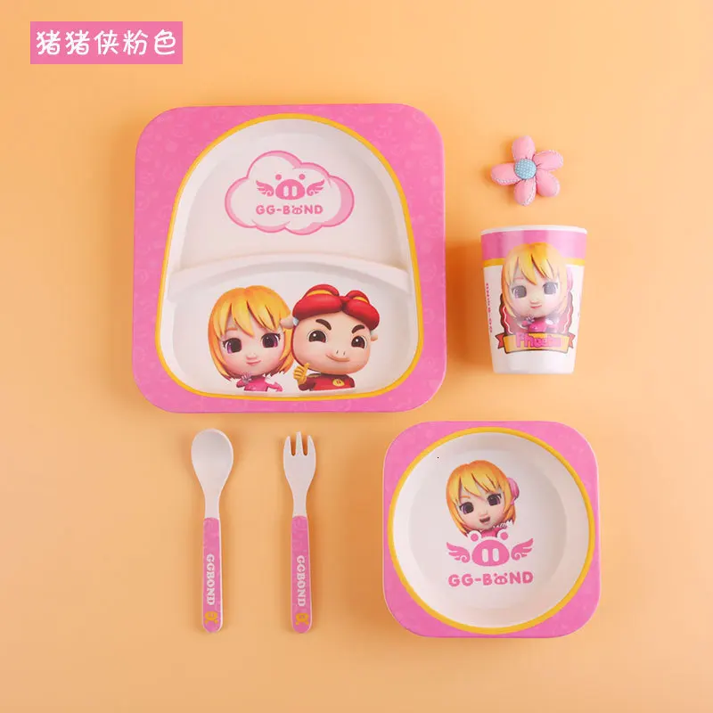 Creative environmental protection bamboo fiber kids' tableware set Five piece kindergarten kids' cartoon dividing plate