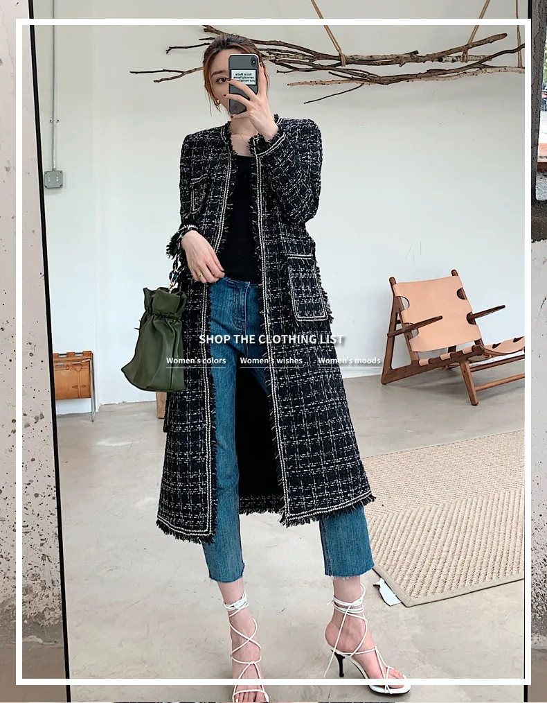 Autumn Winter Jacket Women Belt Pockets Casual Female Outwear Thin Black Checkered Tweed Plaid Long Loose Coat