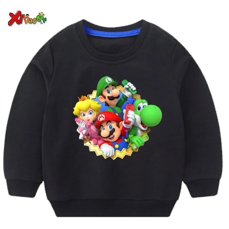 Милый детский свитер; толстовка с капюшоном; детские свитера; Забавный свитер с супер Марио для маленьких девочек; сезон осень-зима; повседневная одежда - Цвет: sweatshirt black