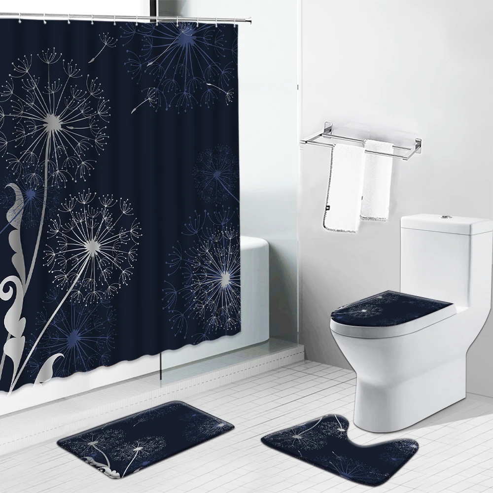 

Dandelion Flower Shower Curtains Bath Mat Black Waterproof Fabric Bathroom Decor Non-Slip Rug Toilet Lid Cover Luxury Carpet Set