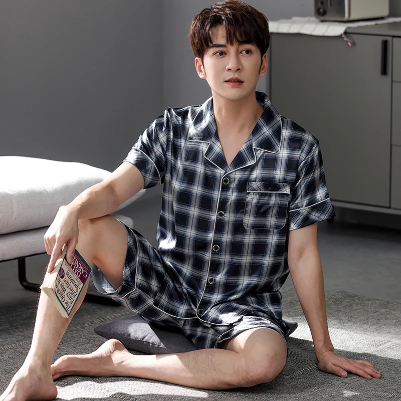 

Brand Summer Men Satin Silk Pajamas Sets of T-shirt & Shorts Male Pijama Sleepwear Leisure Home Clothing M-4XL