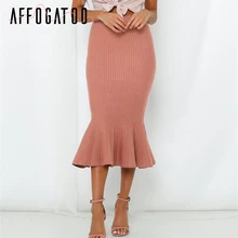 Affogatoo элегантный оборками трикотажные облегающее миди юбка Женская Русалка Женский на осень-зиму длинные Офисная Женская юбка Повседневная обувь юбки