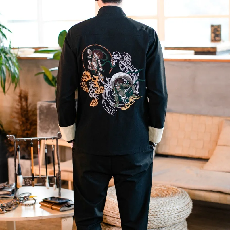 Classic Chinese Style Mens Sets High Quality Stand Collar Embroidery Men Jacket and Pants Size S M