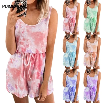 

Womens Tie Dye Jumpsuit Printed Lounge Clothing Sleeveless Sleeve Vest Shorts Pajamas Set Elastic Sleepwear dropshipping