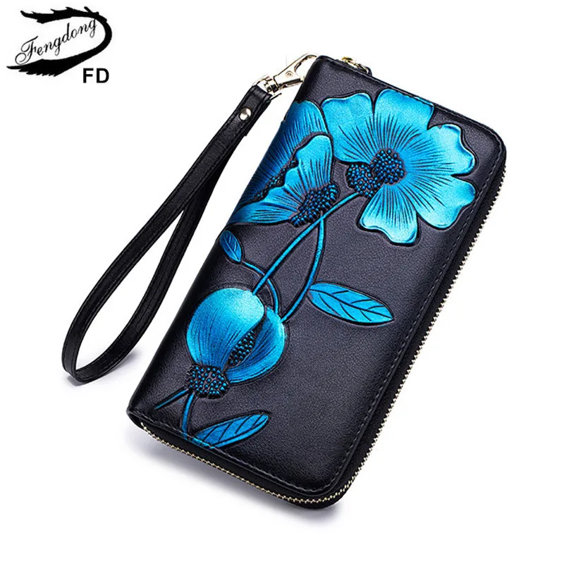 En Ligne Fengdong femmes portefeuille en cuir fleur téléphone sac vintage sac à main à fleurs cadeaux pour filles fermeture éclair longue rfid portefeuille femme porte carte