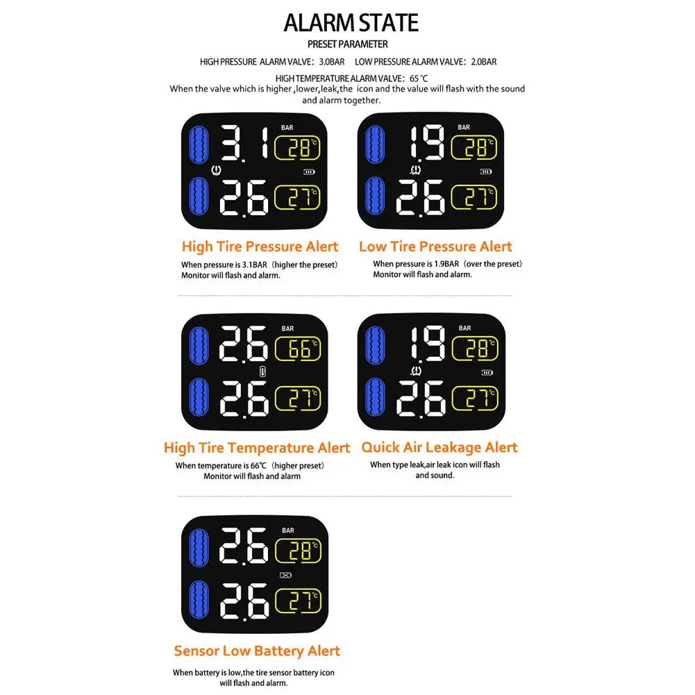Kuulee M3 Waterproof Motorcycle Real Time Tire Pressure Monitoring System TPMS Wireless LCD Display