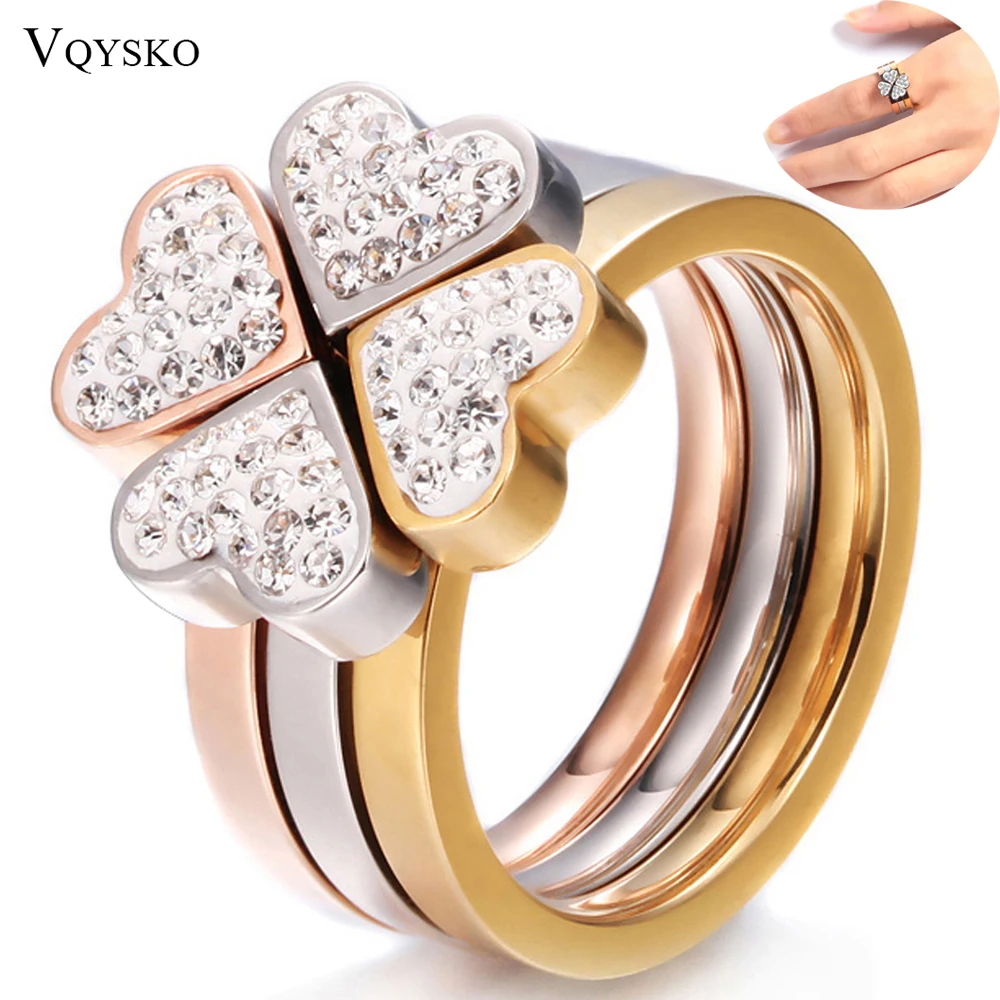 3in1 Heart Rings For Women Surgical Steel Nickle Free CZ Crystal Flower rings