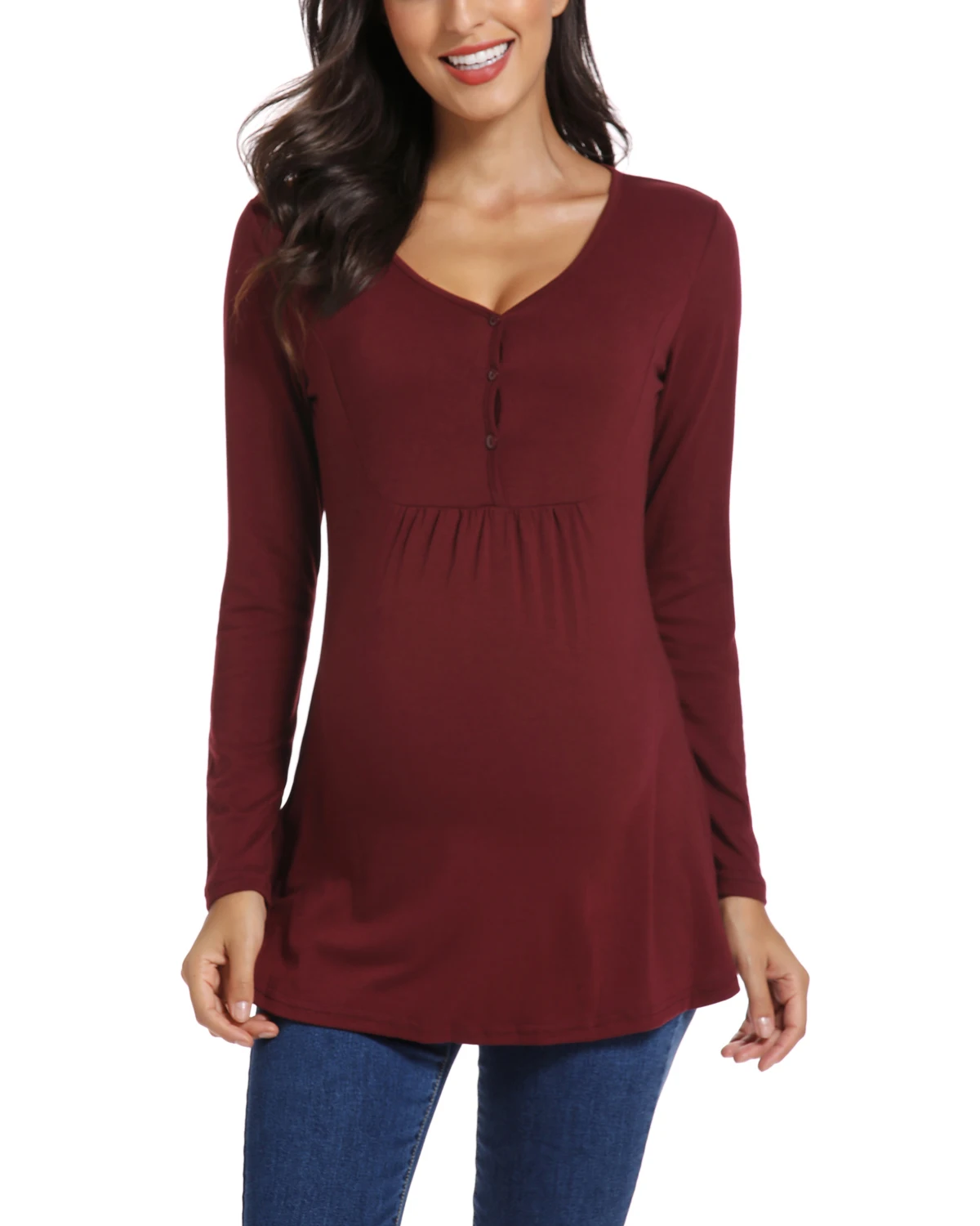 Женский топ для беременных с длинным рукавом, v-образным вырезом и пуговицами спереди, плиссированные рубашки для беременных, Одежда для беременных - Цвет: pic