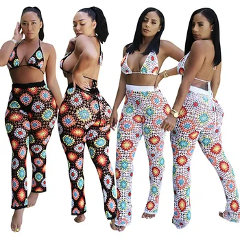 

Sexy Hollow Two Piece Set Top And Pants Boho Floral Mesh Bra Tops + High Waist Print Pant Two Piece Set Summer Club Outfits 2019