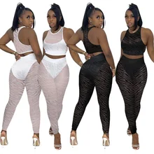 

Summer Sheer Mesh Patchwork Black White Two Piece Set Women Casual Racer Vest Crop Top + Pants Suits See Through Club Outfits
