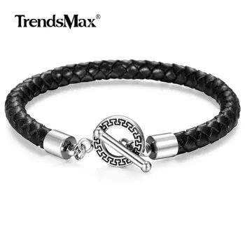 

Trendsmax Unique 6mm Genuine Leather Bracelet for Men Boys White Black Brown Weaved Leather Rope Toggle Clasp Male Gift TBL005