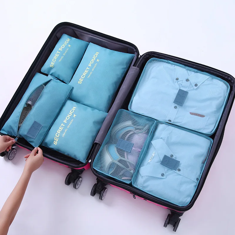 Hot Fashion Travel Waterproof Clothes Storage bags Luggage Pouch Packing Cube Solid Portable Organizer 7 pcs/set - Цвет: lake blue