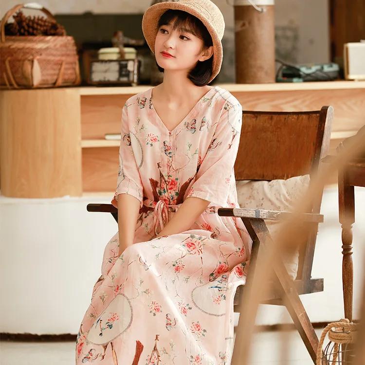 

Spring Retro Ramie V-Neck Linen Loose Was Thin Waist Dress Floral Print Dress