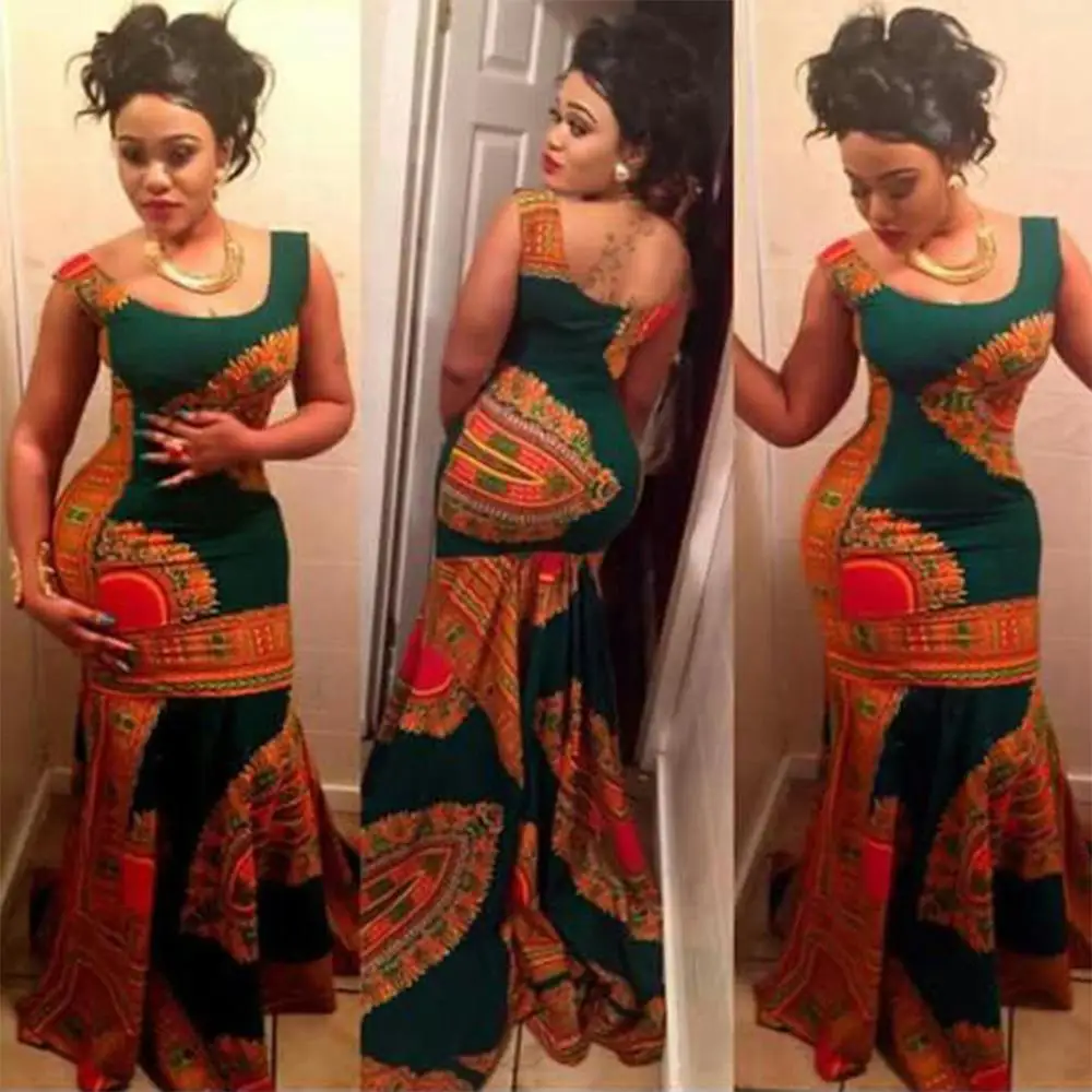 

Fadzeco African Dress for Women Dashiki Spaghetti Strap Backless Ethnic Print Flare Hem Cami Maxi Dress Vestidos Africa Clothes