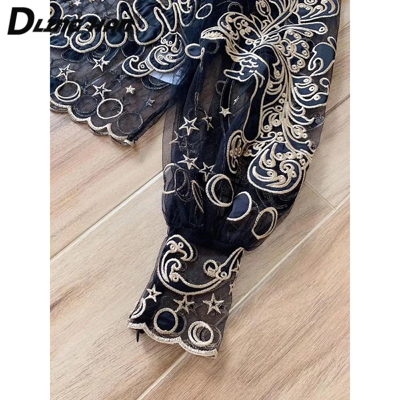 DLINGHAN Vintage Stand Collar Black Mesh Shirt