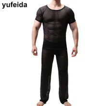 2 шт./компл. прозрачные свободные Повседневные длинные брюки сетки Для мужчин нижнее белье сексуальное Для мужчин нижнее белье топы зауженного кроя с пижамные костюмы