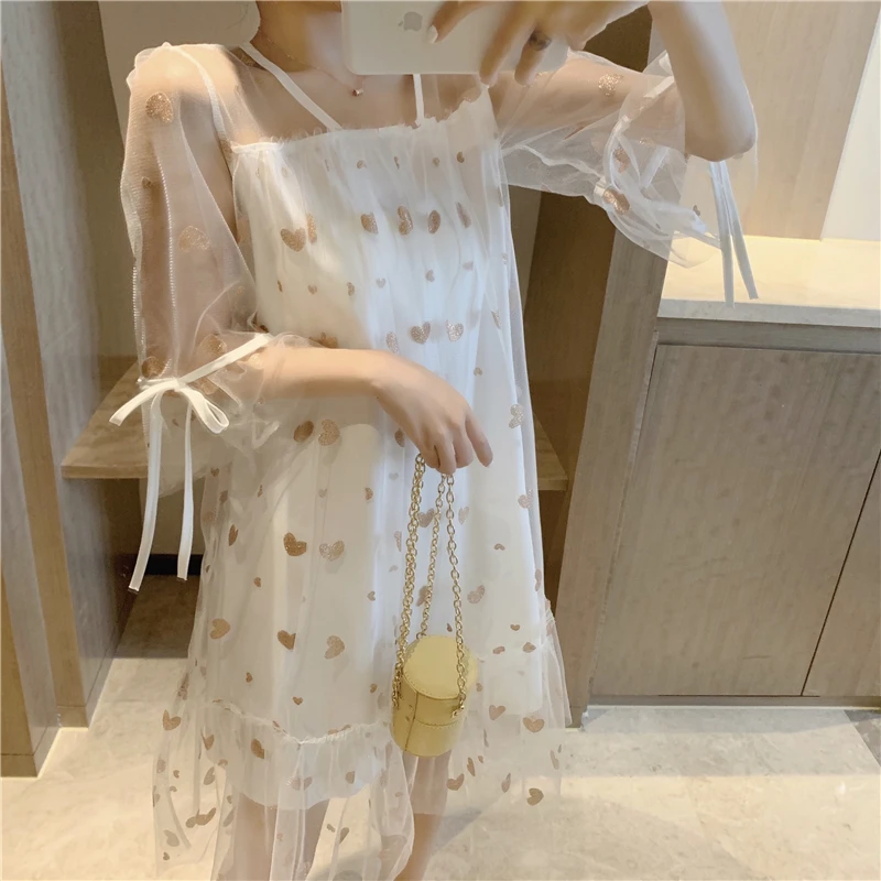 Платье в Корейском стиле; vestidos; Новое поступление; сезон лето; ; очень милое Сетчатое платье в Корейском стиле