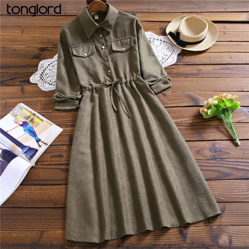 

Tonglord Women Corduroy dress Long Sleeve Solid Slim A-line Party Dress Ladies Single Breasted Casual POLO Collar Corduroy Dress