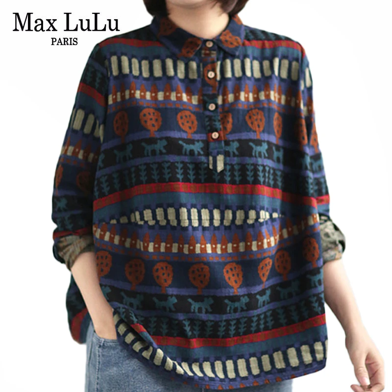 Max LuLu, новинка, осенние модные корейские женские льняные топы, хлопковые блузки, женские свободные рубашки с принтом, повседневная одежда с длинными рукавами