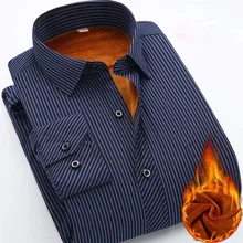 

Winter Stripe Shirt Men Long Sleeve Standard-fit Solid Basic Dress Shirt Velvet Warm High Quality Formal Social Work Office