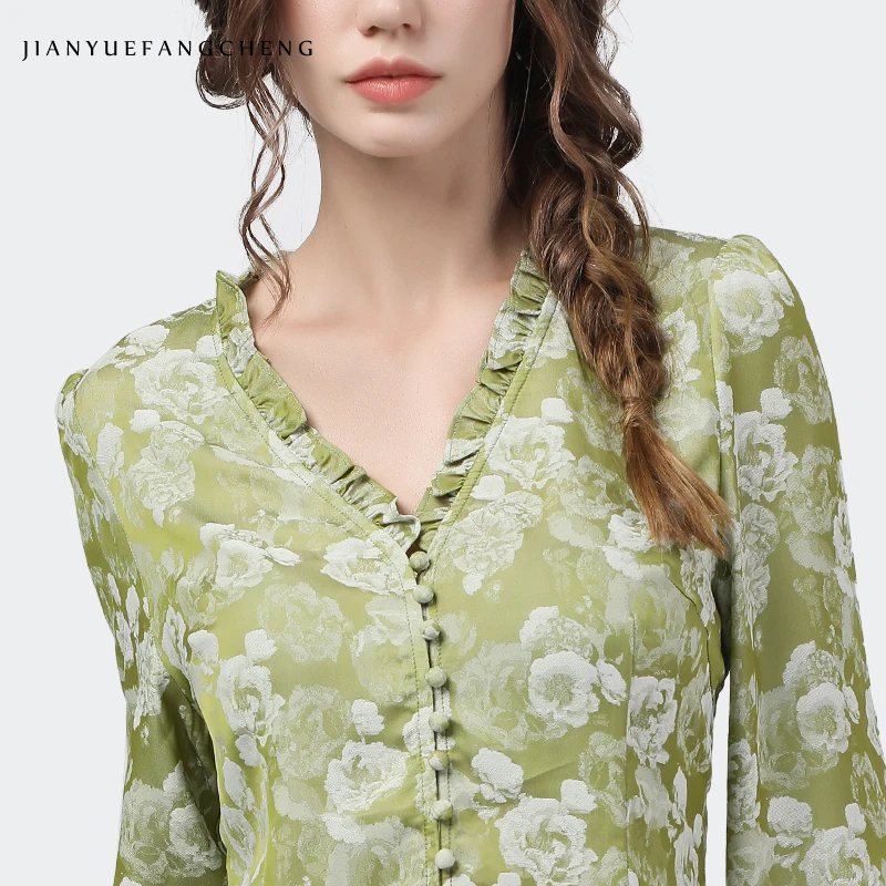 Elegant Light Green Women Floral Shirts Vintage