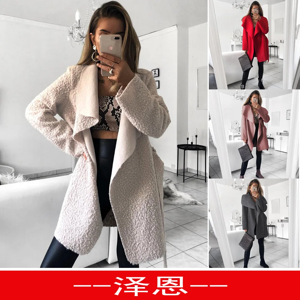 Горячая EBay Горячая Распродажа стиль необычный отложной воротник шерстяная куртка с поясом