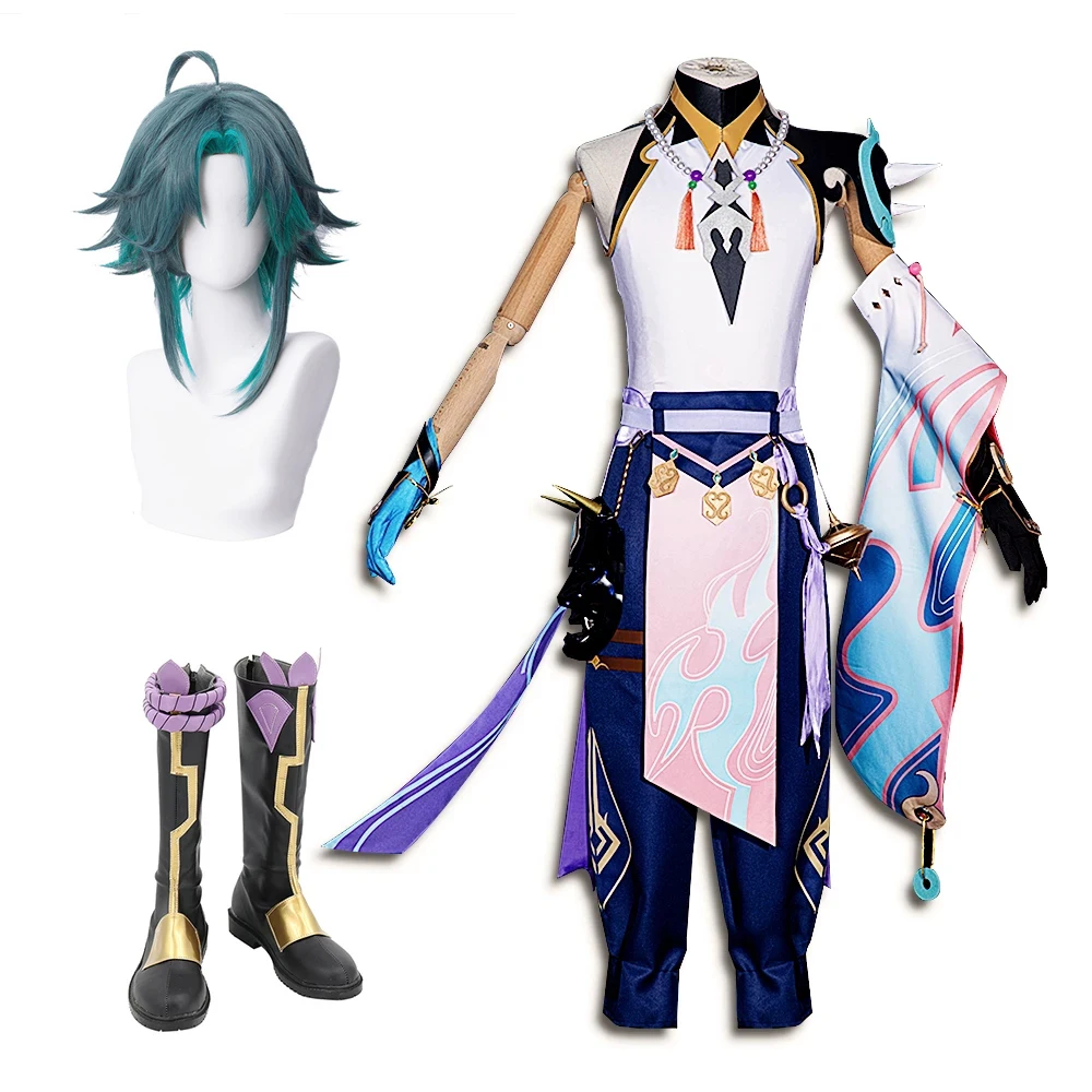

Костюм для косплея аниме Genshin Impact Xiao, униформа для Хэллоуина, для женщин, мужчин, парик, обувь, кимоно